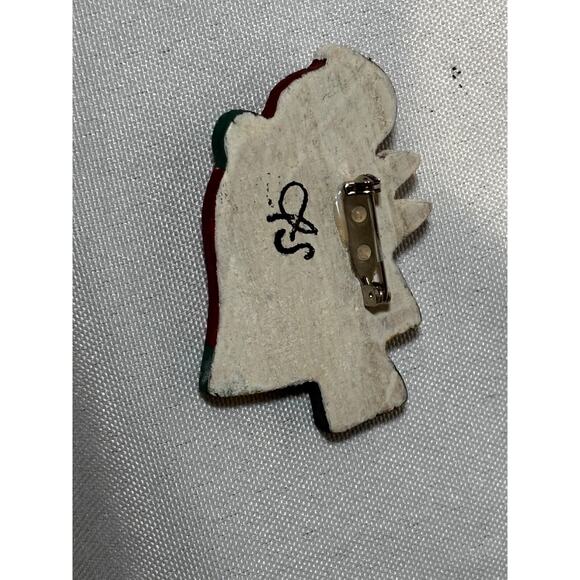 Christmas Angel Santa Hand Crafted & Painted Vintage Wood Brooch Pin Folk Art - Picture 3 of 4